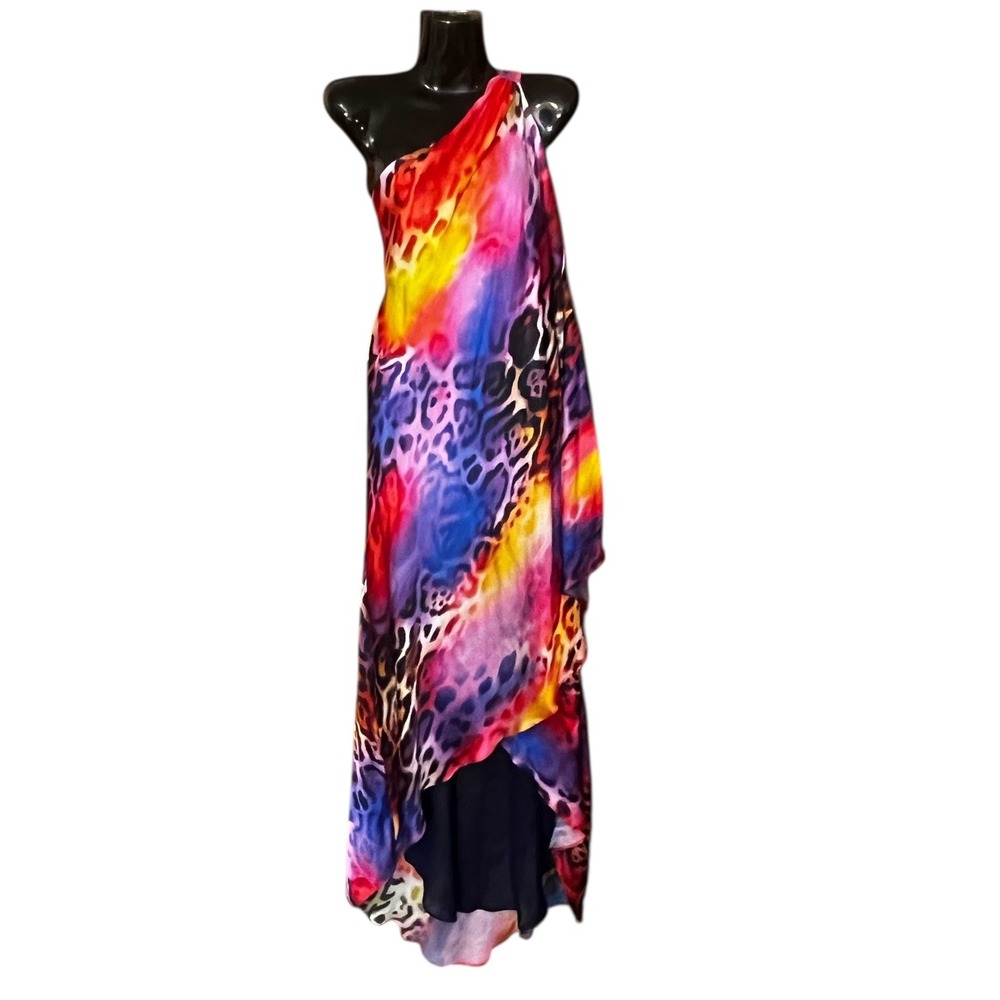 BOSTON PROPER Womens One Shoulder Maxi Dress Leopard Rainbow Print Size 8